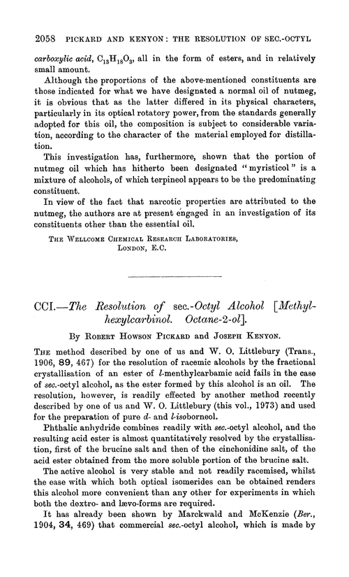 CCI.—The resolution of sec.-octyl alcohol [methylhexylcarbinol. Octane-2-ol]