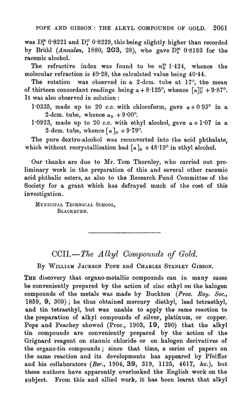 CCII.—The alkyl compounds of gold