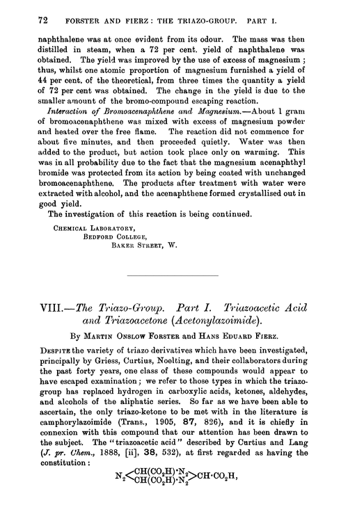 VIII.—The triazo-group. Part I. Triazoacetic acid and triazoacetone (acetonylazoimide)