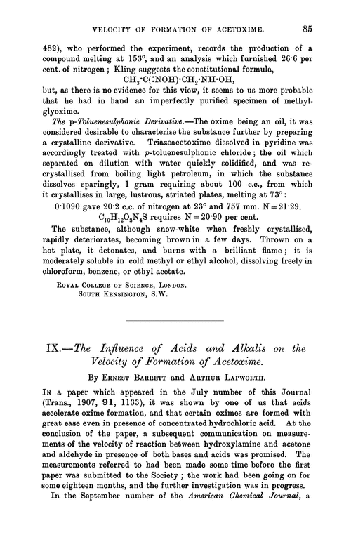 IX.—The influence of acids and alkalis on the velocity of formation of acetoxime