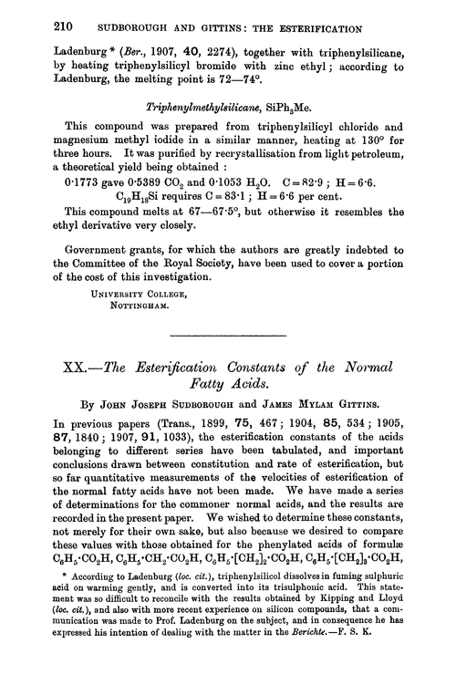 XX.—The esterification constants of the normal fatty acids