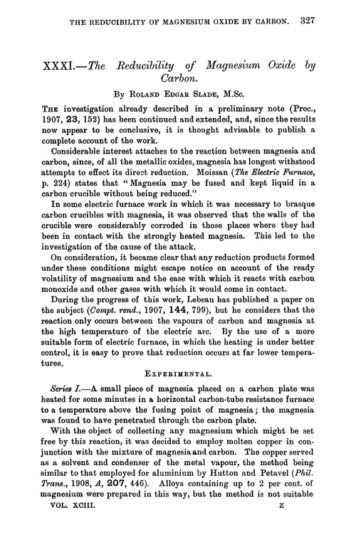XXXI.—The reducibility of magnesium oxide by carbon