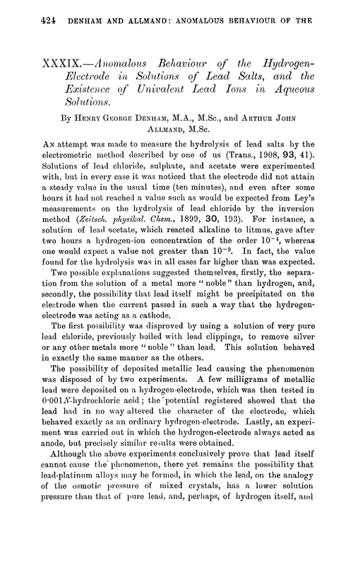 XXXIX.—Anomalous behaviour of the hydrogen-electrode in solutions of lead salts, and the existence of univalent lead ions in aqueous solutions