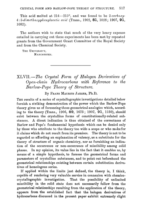 XLVII.—The crystal form of halogen derivatives of open-chain hydrocarbons with reference to the Barlow-Pope theory of structure