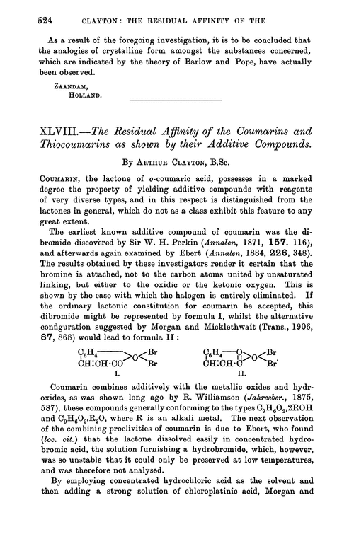 XLVIII.—The residual affinity of the coumarins and thiocoumarins as shown by their additive compounds