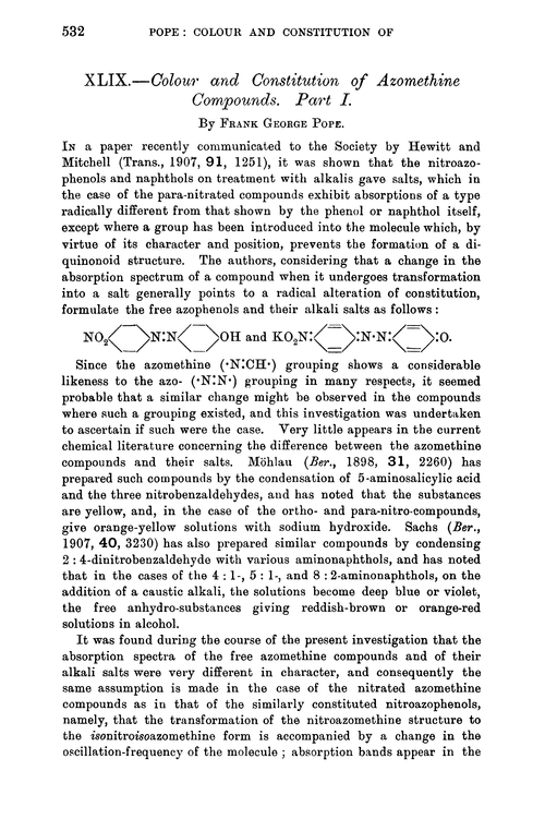 XLIX.—Colour and constitution of azomethine compounds. Part I