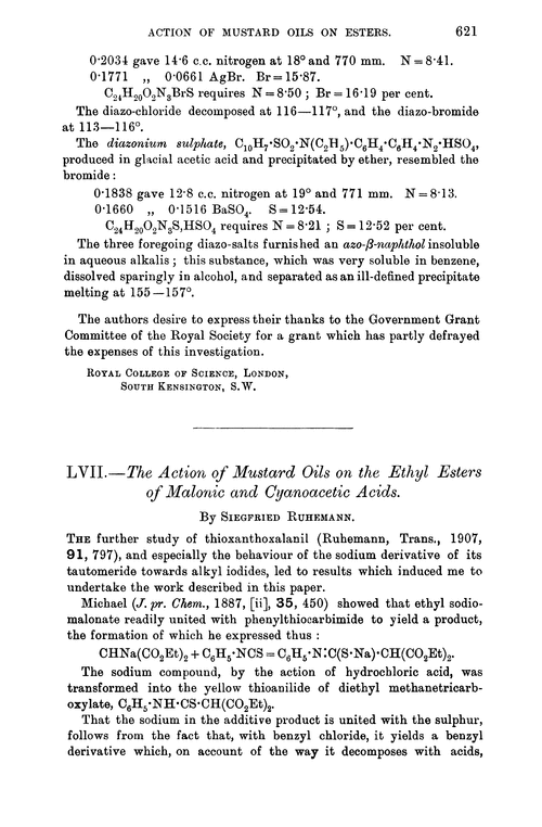 LVII.—The action of mustard oils on the ethyl esters of malonic and cyanoacetic acids