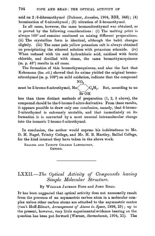 LXXII.—The optical activity of compounds having simple molecular structure