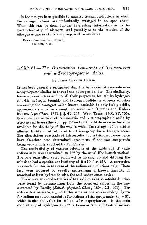 LXXXVI.—The dissociation constants of triazoacetic and α-triazopropionic acids