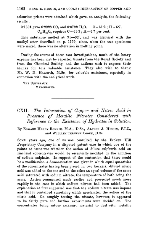 CXII.—The interaction of copper and nitric acid in presence of metallic nitrates considered with reference to the existence of hydrates in solution