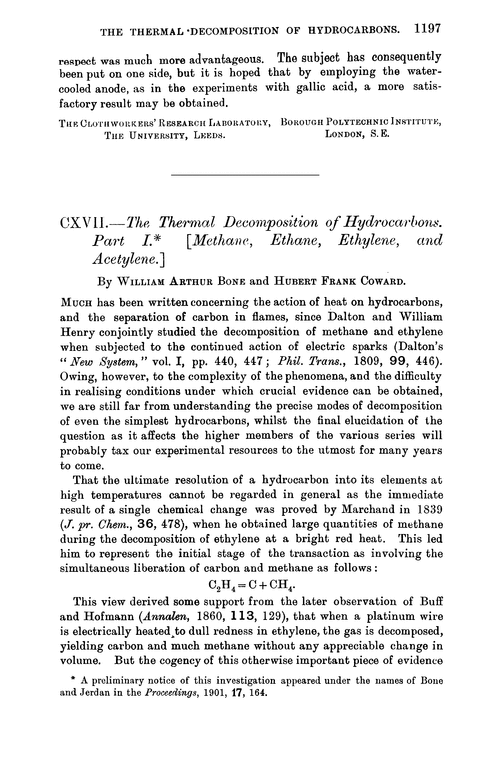 CXVII.—The thermal decomposition of hydrocarbons. Part I. [Methane, ethane, ethylene, and acetylene.]