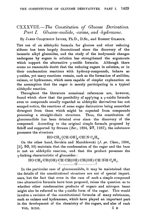 CXXXVIII.—The constitution of glucose derivatives. Part I. Glucose-anilide, -oxime, and -hydrazone