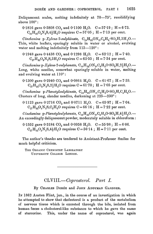 CLVIII.—Coprosterol. Part I