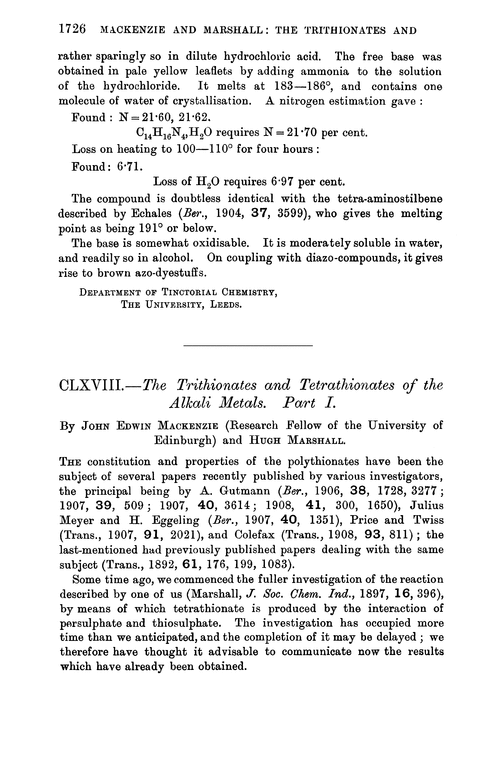 CLXVIII.—The trithionates and tetrathionates of the alkali metals. Part I