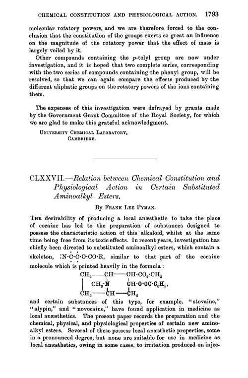 CLXXVII.—Relation between chemical constitution and physiological action in certain substituted aminoalkyl esters