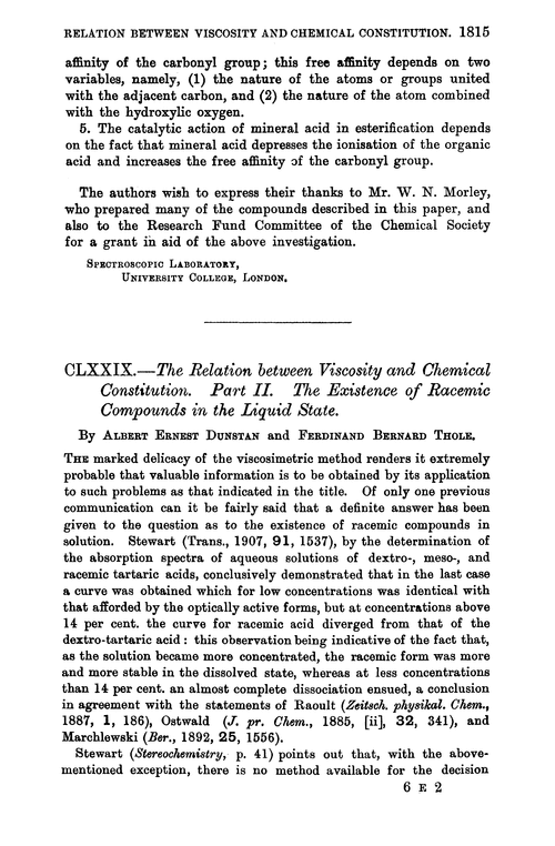 CLXXIX.—The relation between viscosity and chemical constitution. Part II. The existence of racemic compounds in the liquid state