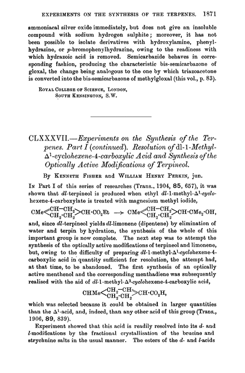 CLXXXVII.—Experiments on the synthesis of the terpenes. Part I (continued). Resolution of dl-1-methyl-Δ1-cyclohexene-4-carboxylic acid and synthesis of the optically active modifications of terpineol
