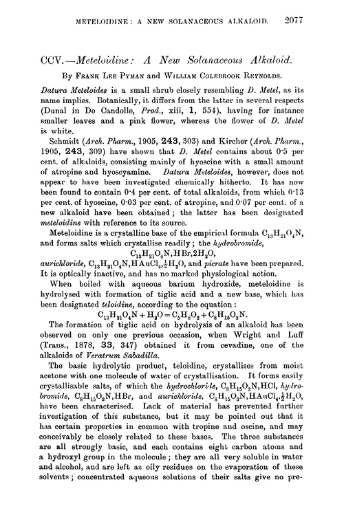 CCV.—Meteloidine: a new solanaceous alkaloid