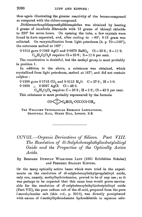 CCVIII.—Organic derivatives of silicon. Part VIII. The resolution of dl-sulphobenzylethylisobutylsilicyl oxide and the properties of the optically active acids