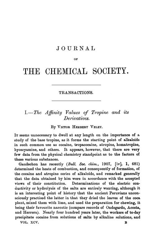 I.—The affinity values of tropine and its derivatives