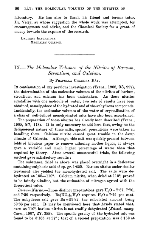 IX.—The molecular volumes of the nitrites of barium, strontium, and calcium