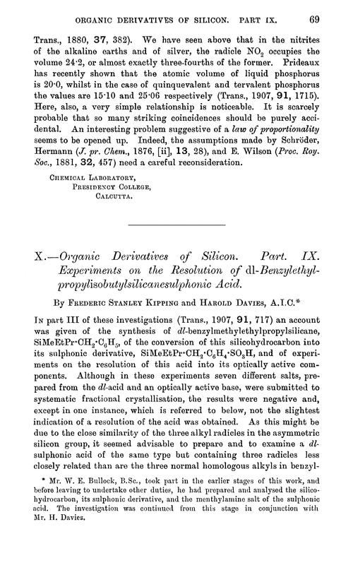 X.—Organic derivatives of silicon. Part. IX. Experiments on the resolution of dl-benzylethylpropylisobutylsilicanesulphonic acid
