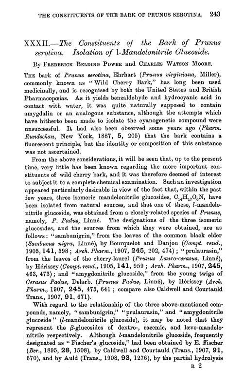 XXXII.—The constituents of the bark of prunus serotina. Isolation of l-mandelonitrile glucoside