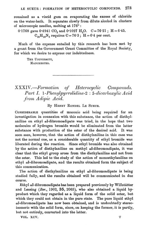 XXXIV.—Formation of heterocyclic compounds. Part I. 1-Phenylpyrrolidine-2 : 5-dicarboxylic acid from adipic acid