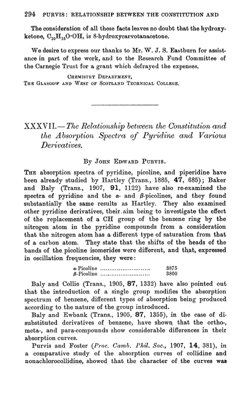 XXXVII.—The relationship between the constitution and the absorption spectra of pyridine and various derivatives