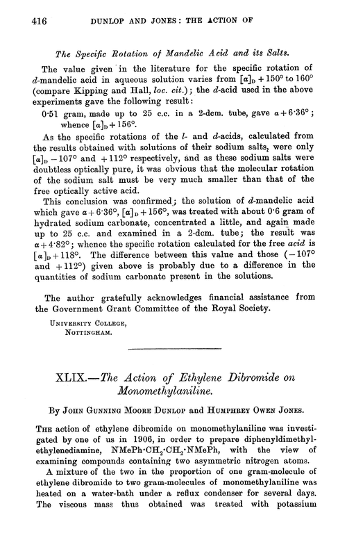 XLIX.—The action of ethylene dibromide on monomethylaniline