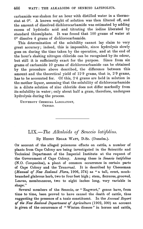 LIX.—The alkaloids of Senecio latifolius