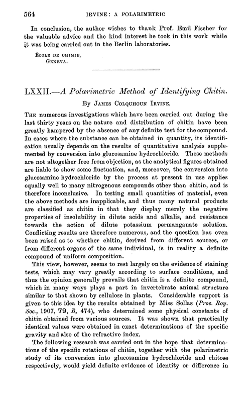 LXXII.—A polarimetric method of identifying chitin