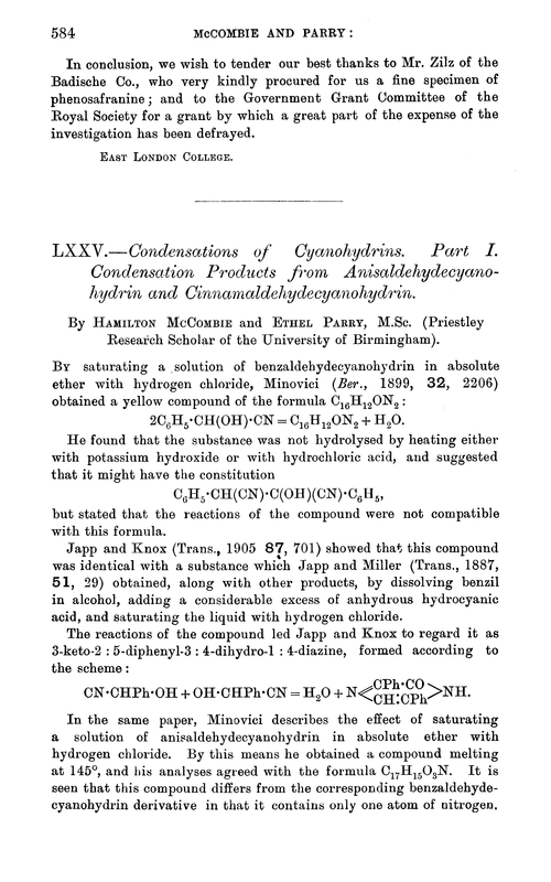 LXXV.—Condensations of cyanohydrins. Part I. Condensation products from anisaldehydecyanohydrin and cinnamaldehydecyanohydrin