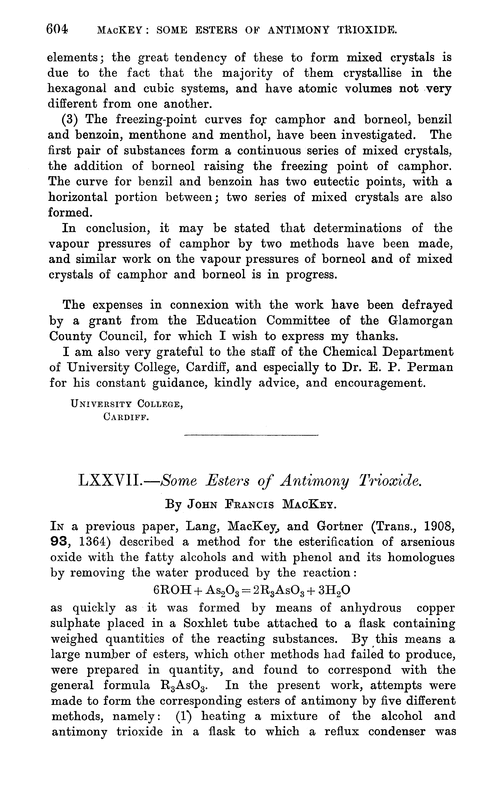 LXXVII.—Some esters of antimony trioxide