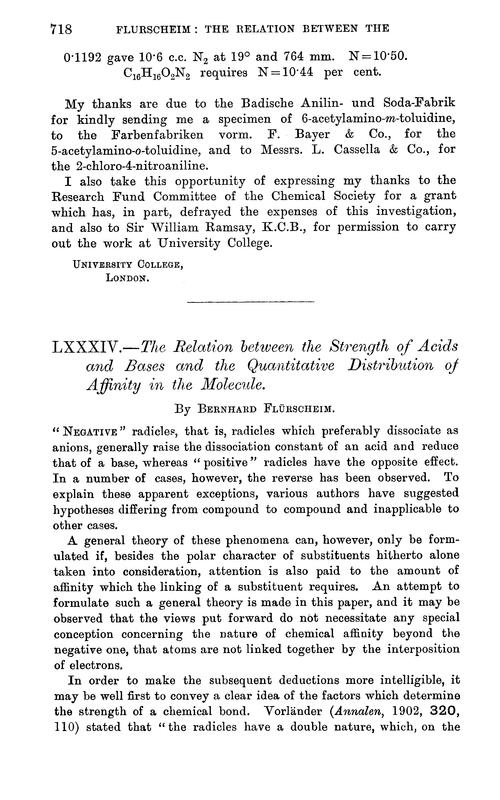 LXXXIV.—The relation between the strength of acids and bases and the quantitative distribution of affinity in the molecule