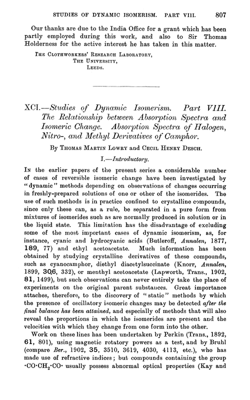 XCI.—Studies of dynamic isomerism. Part VIII. The relationship between absorption spectra and isomeric change. Absorption spectra of halogen, nitro-, and methyl derivatives of camphor