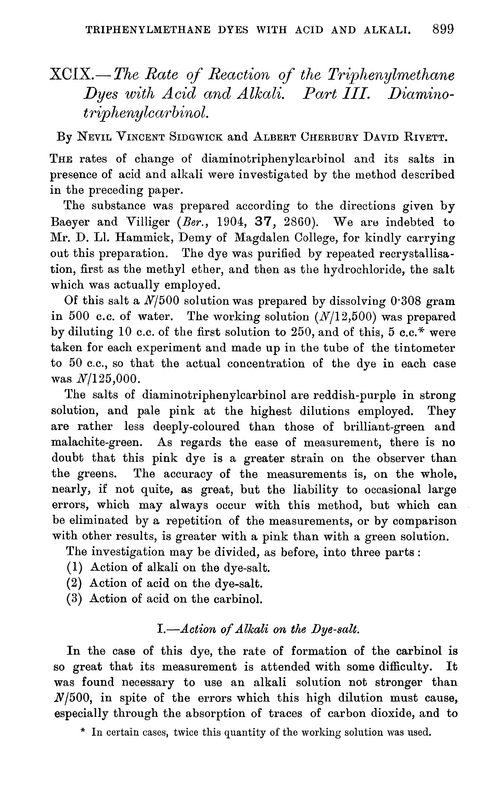 XCIX.—The rate of reaction of the triphenylmethane dyes with acid and alkali. Part III. Diaminotriphenylcarbinol