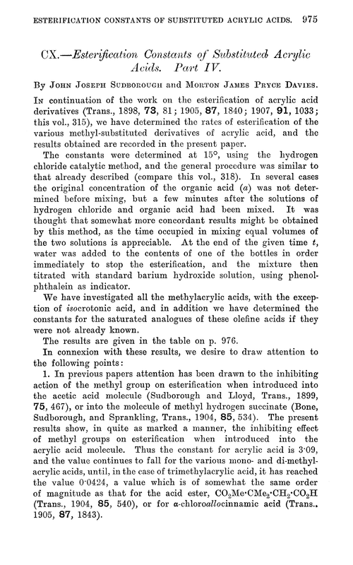 CX.—Esterification constants of substituted acrylic acids. Part IV