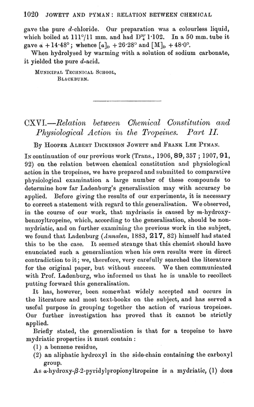 CXVI.—Relation between chemical constitution and physiological action in the tropeines. Part II