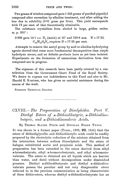 CXVIII.—The preparation of disulphides. Part V. Diethyl esters of α-dithiodibutyric, α-dithiodiiso-butyric, and α-dithiodiisovaleric acids