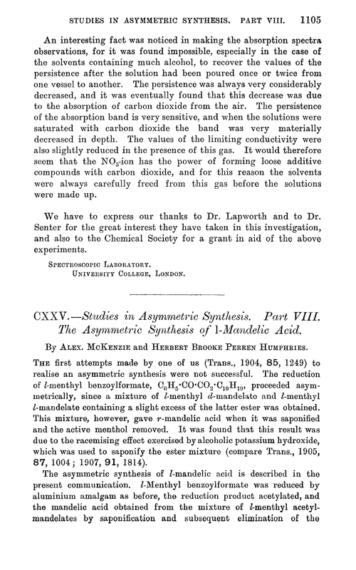 CXXV.—Studies in asymmetric synthesis. Part VIII. The asymmetric synthesis of l-mandelic acid