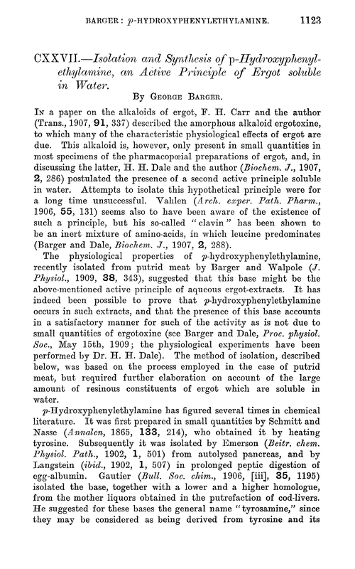 CXXVII.—Isolation and synthesis of p-hydroxyphenylethylamine, an active principle of ergot soluble in water