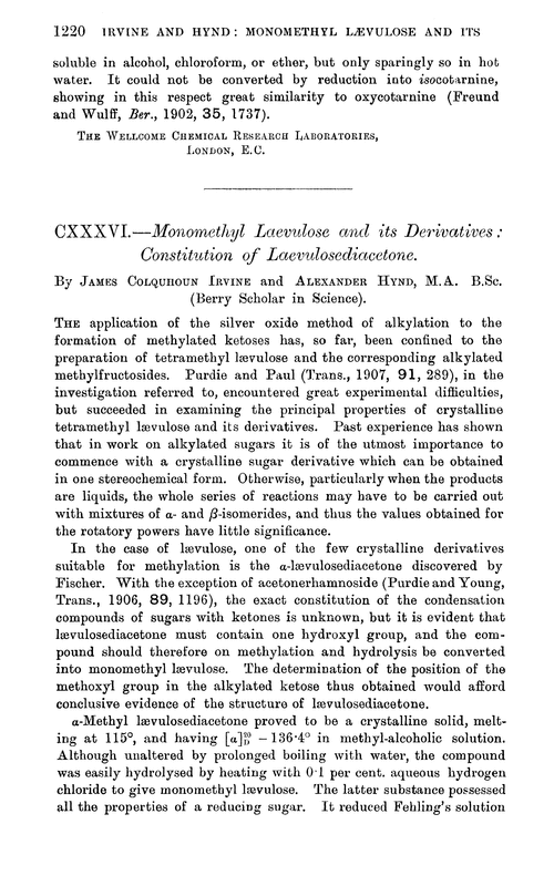 CXXXVI.—Monomethyl laevulose and its derivatives: constitution of laevulosediacetone