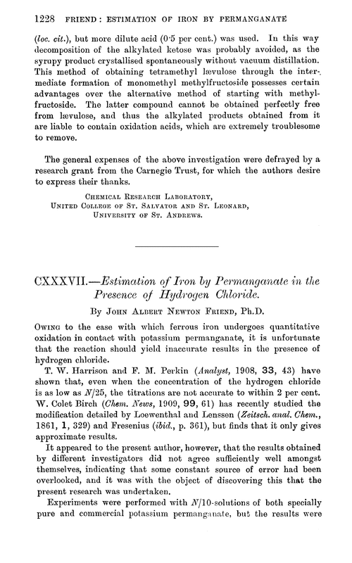 CXXXVII.—Estimation of iron by permanganate in the presence of hydrogen chloride