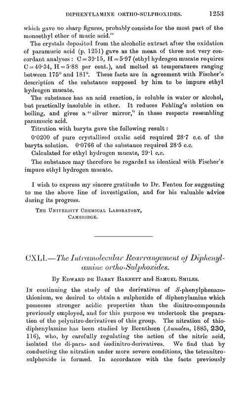CXLI.—The intramolecular rearrangement of diphenylamine ortho-sulphoxides