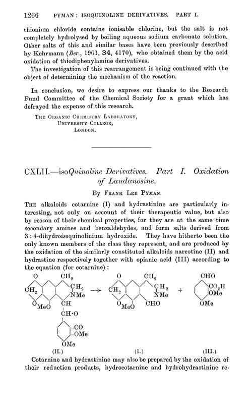 CXLII.—isoQuinoline derivatives. Part I. Oxidation of laudanosine