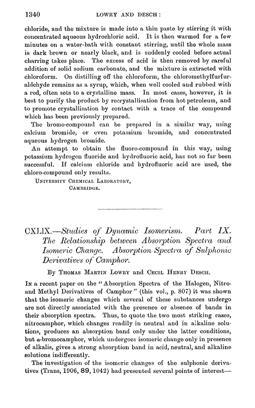 CXLIX.—Studies of dynamic isomerism. Part IX. The relationship between absorption spectra and isomeric change. Absorption spectra of sulphonic derivatives of camphor