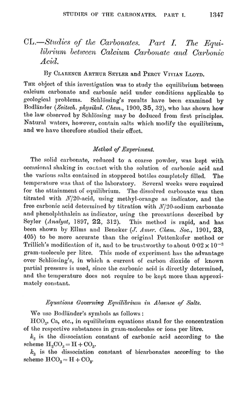 CL.—Studies of the carbonates. Part I. The equilibrium between calcium carbonate and carbonic acid