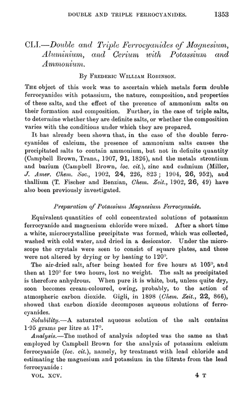 CLI.—Double and triple ferrocyanides of magnesium, aluminium, and cerium with potassium and ammonium
