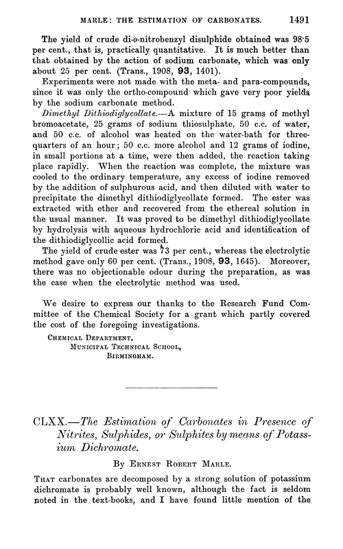 CLXX.—The estimation of carbonates in presence of nitrites, sulphides, or sulphites by means of potassium dichromate